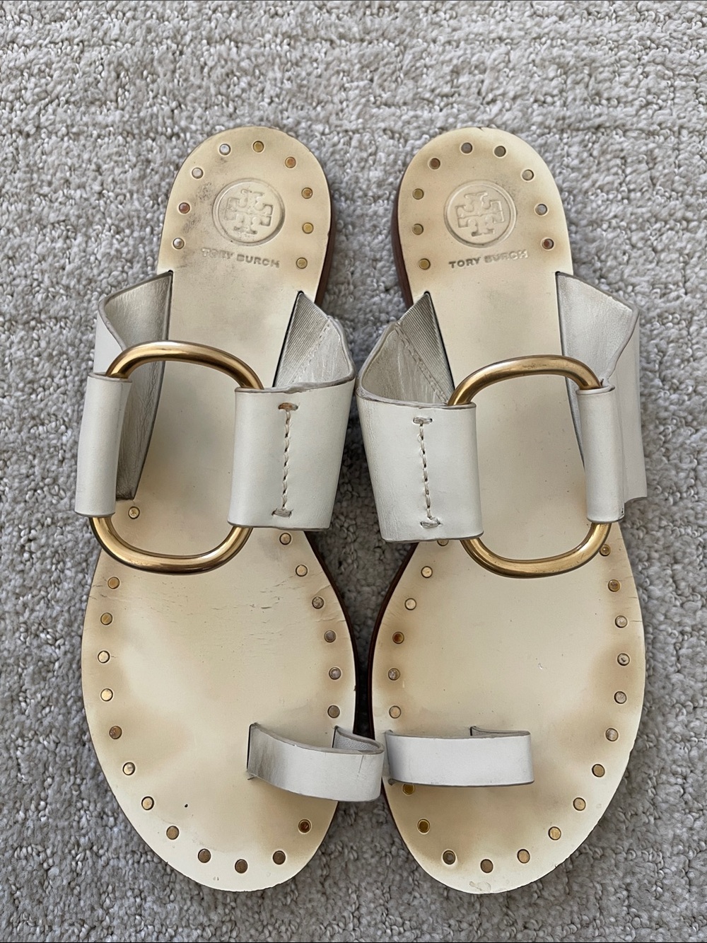 Tory Burch Ravello Cream Leather Toe Ring Slide Sandals with Gold Ring Hardware